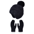 Women's 2-piece winter set with black knit beanie and gloves, featuring faux fur pom-pom - Black