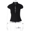Detailed view of black slim-fit short sleeve top with polo collar and cut-out front design - S / Black