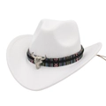 Detail of white western cowboy hat featuring ethnic woven band and silver bull skull ornament - M (56-58cm) / White