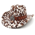 Plush leopard print wide brim jazz fedora with western leather strap and bull buckle - M (56-58cm) / Straight Top / Beige