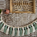 Bohemian wall banner with green and beige cotton tassels and wooden beads on jute - Green Beige 20 Tassels