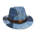 Chapeau fedora vintage en denim bleu avec emblème de crâne en bronze et ruban noir - Taille Enfants / Crâne en Denim / Haut en Cœur / Bleu clair