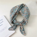 Gray blue floral cotton linen square scarf with orange floral pattern tied in a knot - 58*58cm / 3 Stripe Base-White Chrysanthemum Green