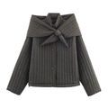 Dark coffee quilted jacket with a stylish bow scarf collar for elegant women - S / Gray