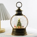 Vintage bronze Christmas lantern music box with Santa, Xmas tree and warm glitter lights - Big Flat Round Christmas Tree