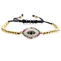 Bracciale regolabile malocchio con perline dorate e cristalli rettangolari colorati - Ciondolo Malocchio con Perline di Rame Dorato e Cordino Nero