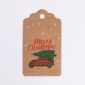 Close-up of brown kraft Christmas tag with a red vintage car and Merry Christmas text - Christmas Car (Kraft Paper)