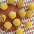 Set of 12 ginger yellow flocked Christmas balls with hollow patterns and gold glitter - Hollowed-out Flocked Christmas Ball (turmeric) 12pc