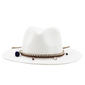 Detailed close-up of white straw cowboy hat with tassels, shells, and beads trim - M (56-58cm) / White