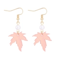 Pink glitter maple leaf earrings with golden hooks and delicate pearl accents - Pearl Pink Maple Leaf