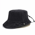Detail of adjustable drawstring and logo label on a black denim bucket hat back view - 59cm (Adjustable) / Black