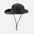 Detail of dark grey sun hat with ethnic embroidered band and adjustable wind rope - M (56-58cm) / Black