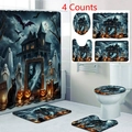 Halloween bathroom set with castle and pumpkin pattern 4-piece waterproof shower curtain decor - Dark Castle Ghost Pumpkin (24-1)