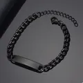 Polished black stainless steel Cuban link ID bracelet with flat rectangular engraving bar - 1:1 NK Chain with Extension / Black