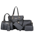 6-piece black geometric floral print women's handbag set with gold hardware - Black