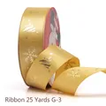 Golden satin Christmas ribbon with snowflake and tree patterns for gift wrapping, 25 yards - 2.5cmx25 Yards / Gold Snowman Style (G-3)