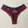 Deep red lace thong for women featuring black straps and a golden heart metal ring - M / Burgundy