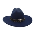 Navy blue wide brim felt cowboy hat with ethnic woven band and silver steer skull buckle - Navy Blue