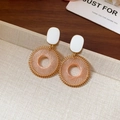 Bohemian gold hoop earrings with pink woven texture and white oval stud accent - 925 Silver Post Style / Pink