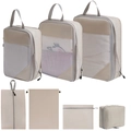 Beige 7-piece compression travel organizer set with mesh panels and gray handles - 7-Piece Set (includes Toiletry Bag) / Beige