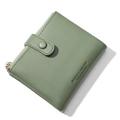 Green leather short wallet for women featuring snap button closure and stylish text print - Fruit Green