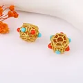 Gold-plated filigree hollow beads with turquoise and red stones in vintage style - 25# Sand Gold Hollow Spacer Bead