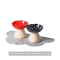 Ceramic raised cat bowl set with red and black polka dot pattern on a grey cloud mat - Elevated Mushroom Bowl Set with Mat (Red + Black)