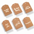 Set of 6 brown kraft paper gift tags with festive white printed greetings for packaging - Brown Tag Set 6pcs
