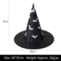 Detailed size chart of Halloween black witch hat with white bat prints and measurements - Oxford Cloth Bat Print