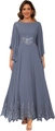 Elegant grey-blue chiffon evening gown with silver lace embroidery and flutter sleeves - Image Color 2 / US size 2 (S)