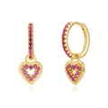 Gold-plated S925 silver hoop earrings with pink zircon heart charms on white background - Gold Rose Zirconia Pave Heart Pendant