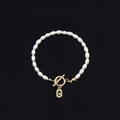 Fashion pearl bracelet featuring white oval pearls and a sparkling gold letter G pendant - Gold Letter G (SL2013)