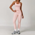 Conjunto de yoga rosa con top halter y mallas ajustadas de talle alto de dos piezas - S / Rosa Melocotón (Top+Leggings)