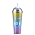 Detail of 24oz straw tumbler with rainbow glitter gradient and Bring the Joy text - Style L/Rainbow Glitter Joy