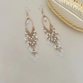 Bohemian long tassel earrings in rose gold with white beads and frosted teardrop pendants - White