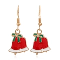 Detail of Christmas bell earrings with red enamel body and green bow on gold hooks - Bell #33