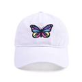 Detailed close-up of rainbow butterfly embroidery on a white cotton baseball cap - Adjustable / White