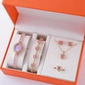 5-teiliges Uhren- und Schmuckset in Roségold mit rosa Herzsteinen in einer Geschenkbox - Roségold Rosa Edelstein Set (Ohne Box)