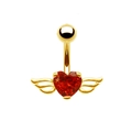 Piercing de nombril doré avec un zircon en forme de cœur rouge et des ailes dorées - Or Zirconium Rouge