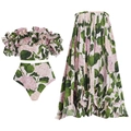 Three-piece pink hydrangea print bikini set with ruffled bandeau and pleated skirt - S / Pink Hydrangea Set
