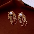 Detailed shot of golden tassel earrings with white pearls on elegant dark brown silk - Gold Pearl Tassel Style (8#)