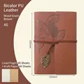 A6 retro wood grain brown PU leather leaf notebook with strap and metal leaf pendant - Lined / Wood Grain Brown / A6