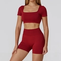 Seamless wine red yoga set with square neck crop top and high waist sports shorts - S / Short Sleeve + Shorts / Cherry Red