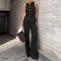 Traje negro de mujer sin mangas con botones dorados y pantalones anchos de talle alto - S / Negro