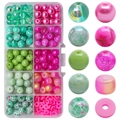DIY jewelry kit with gradient glass beads in green and pink tones within a plastic box - Mixed 7 Green Plum approx 200pcs
