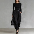 Women's streetwear high waist black cargo pants with matching long sleeve top and belt - Black