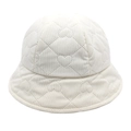 Detailed view of heart-shaped quilting and stitching on a beige corduroy bucket hat - M (56-58cm) / White