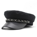 Casquette militaire noire en laine avec visière en cuir PU et chaîne en métal argenté - Réglable / Noir