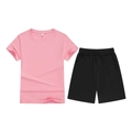 Pink short sleeve T-shirt and black sports shorts casual two-piece summer set for kids - Top And Bottom / Pink/Black / 100cm