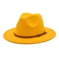 Detail of a bright yellow wool fedora featuring a brown leather belt with a metal buckle - M (56-58cm) / Yellow